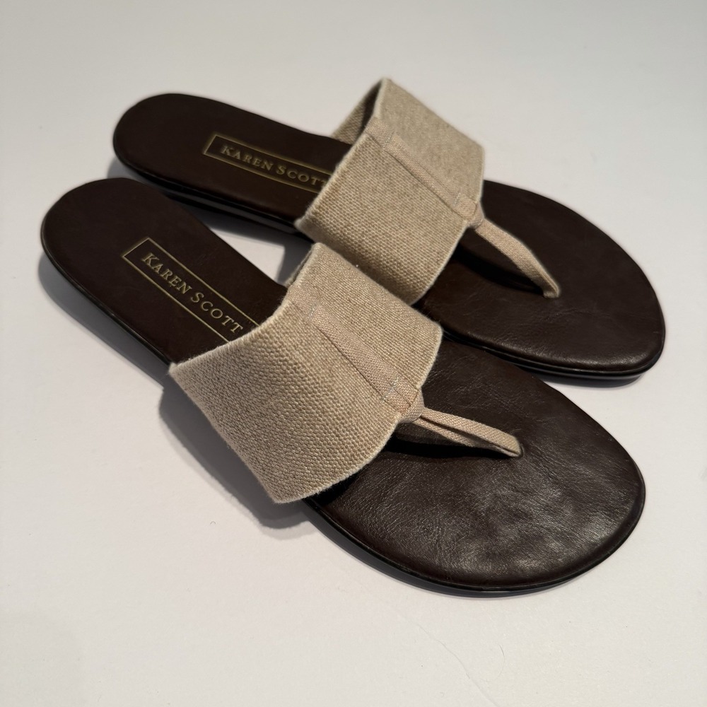Karen Scott Women's 10M Beige Canvas Brown Thong Sandals Casual Slip On